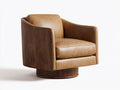 Fauteuil 88×86×82 cm - cuir marron clair et bois foncé - coque enveloppante sur socle rond pour salon