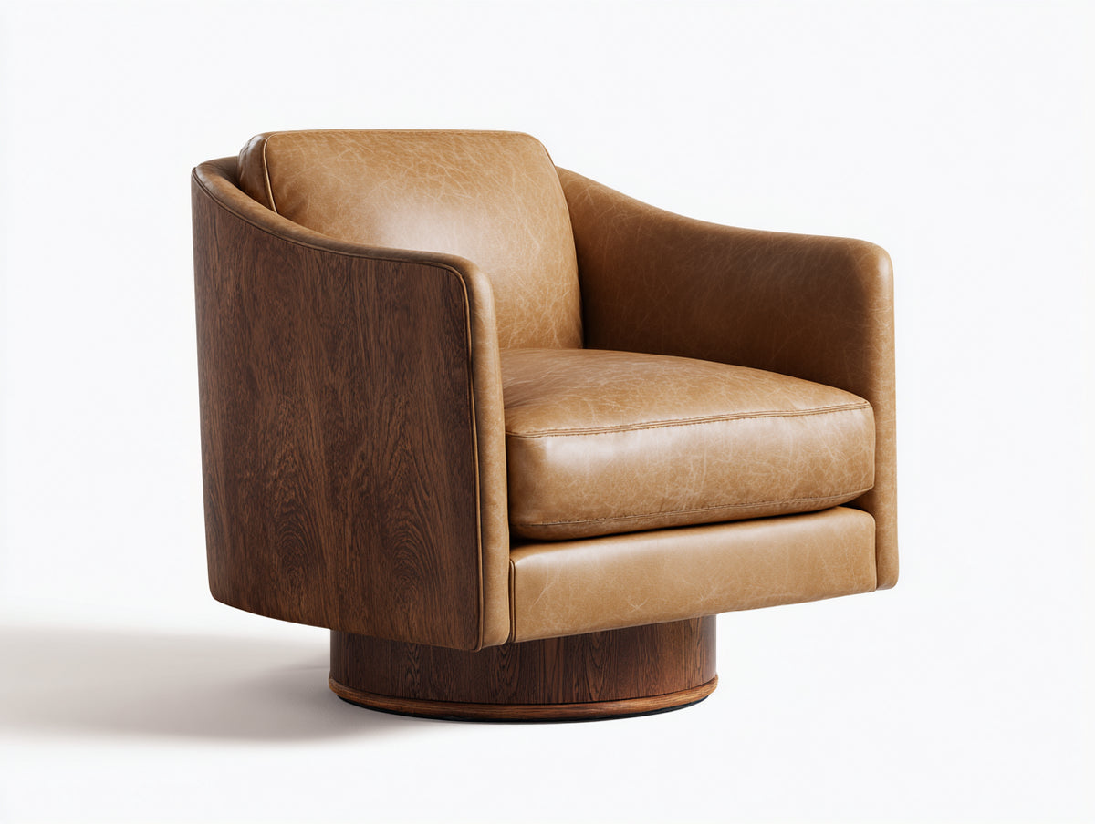 Fauteuil 88×86×82 cm - cuir marron clair et bois foncé - coque enveloppante sur socle rond pour salon