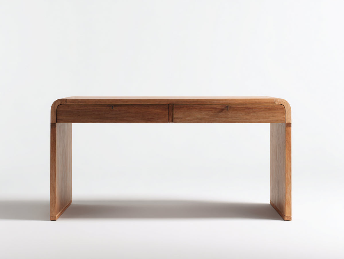 Console en bois 160×42×78 cm - brun miel - deux tiroirs et côtés arrondis pour chambre à coucher