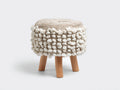 Tabouret rond 43×43×44 cm - coton beige écru et bois naturel - bordure à pompons pour chambre à coucher