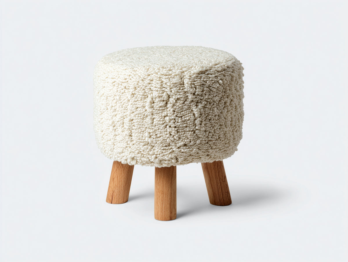 Tabouret cylindrique rembourré 42×42×46 cm - ivoire et bois naturel - tissu bouclé épais avec pieds courts pour chambre à coucher
