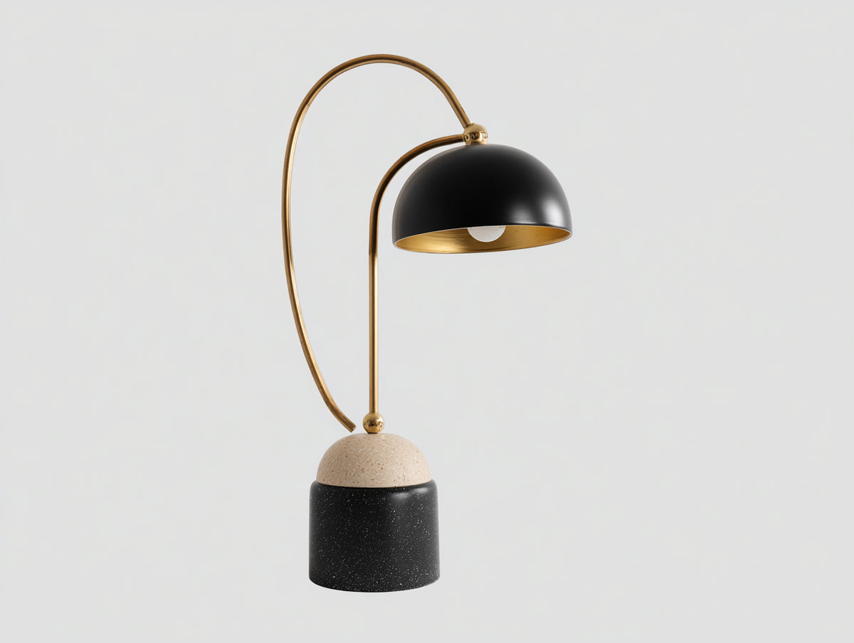 Lampe de bureau 40×24×64 cm - métal noir doré et base beige - bras arqué avec abat-jour demi-sphère pour chambre