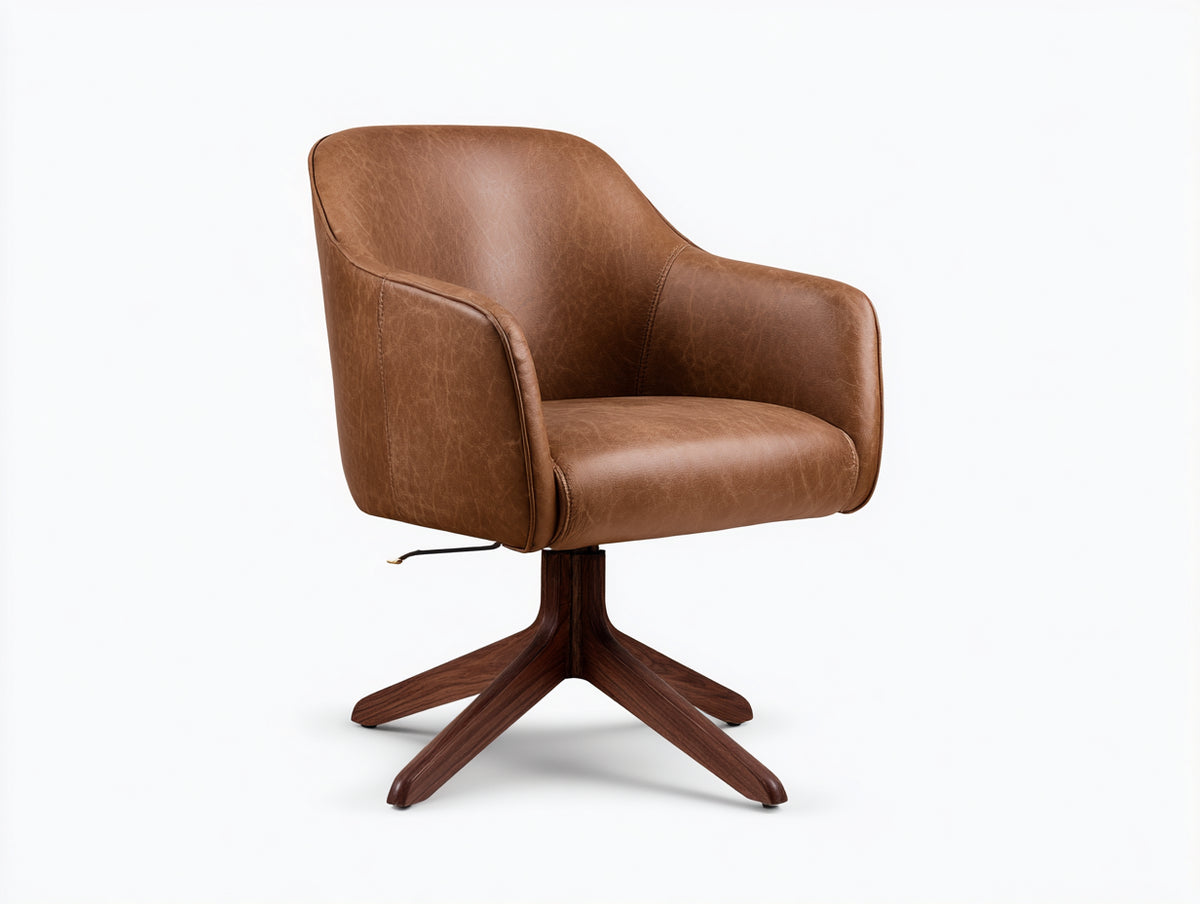 Fauteuil pivotant 78×76×87 cm - cuir cognac et bois brun foncé - coque enveloppante pour salon