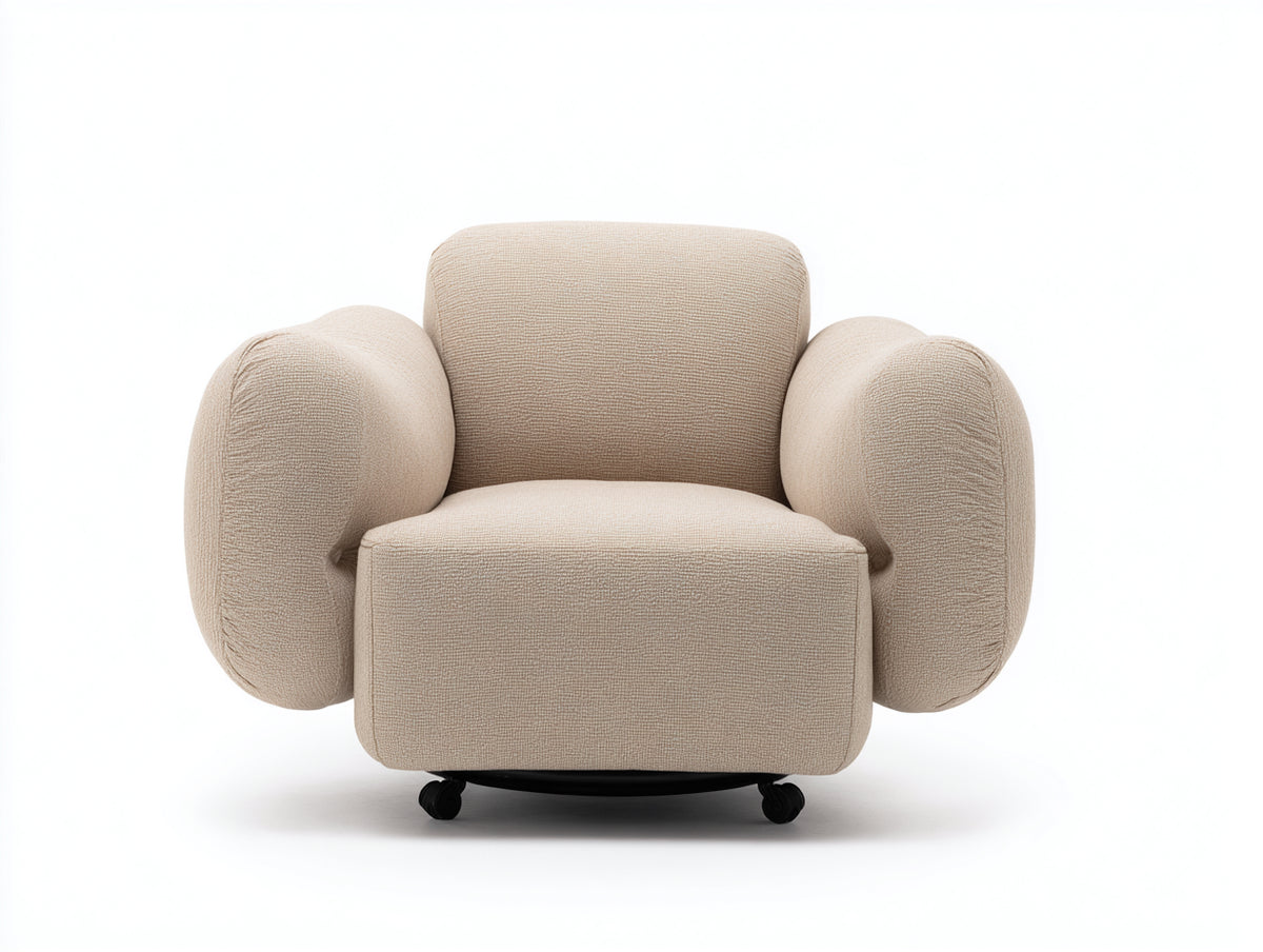 Fauteuil 102×92×84 cm - tissu beige et métal noir - accoudoirs annulaires sur roulettes pour salon