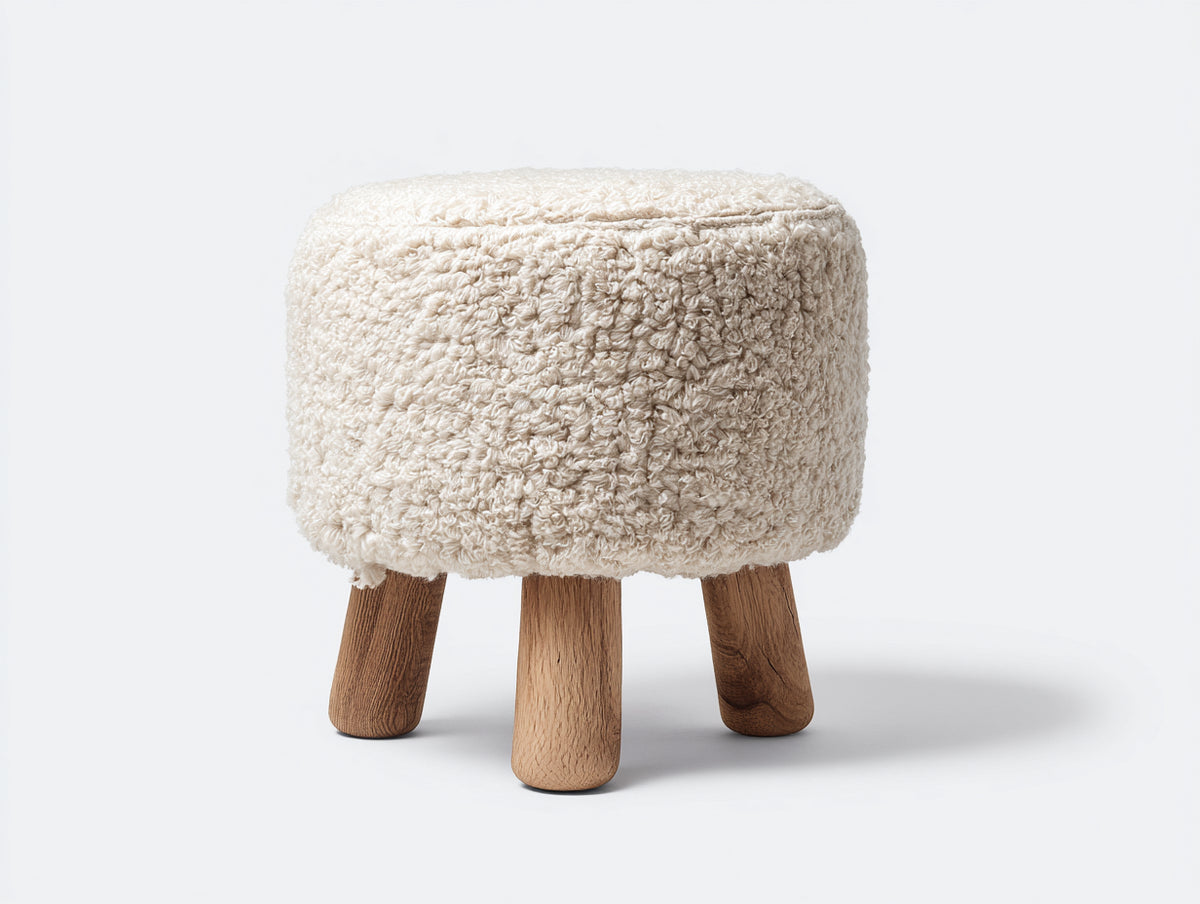Tabouret 46×46×48 cm - tissu bouclé écru et bois brun - assise carrée arrondie pour chambre à coucher