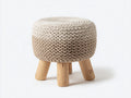 Tabouret rond en maille 44×44×43 cm - crème beige et bois naturel - tricot texturé avec quatre pieds pour chambre à coucher