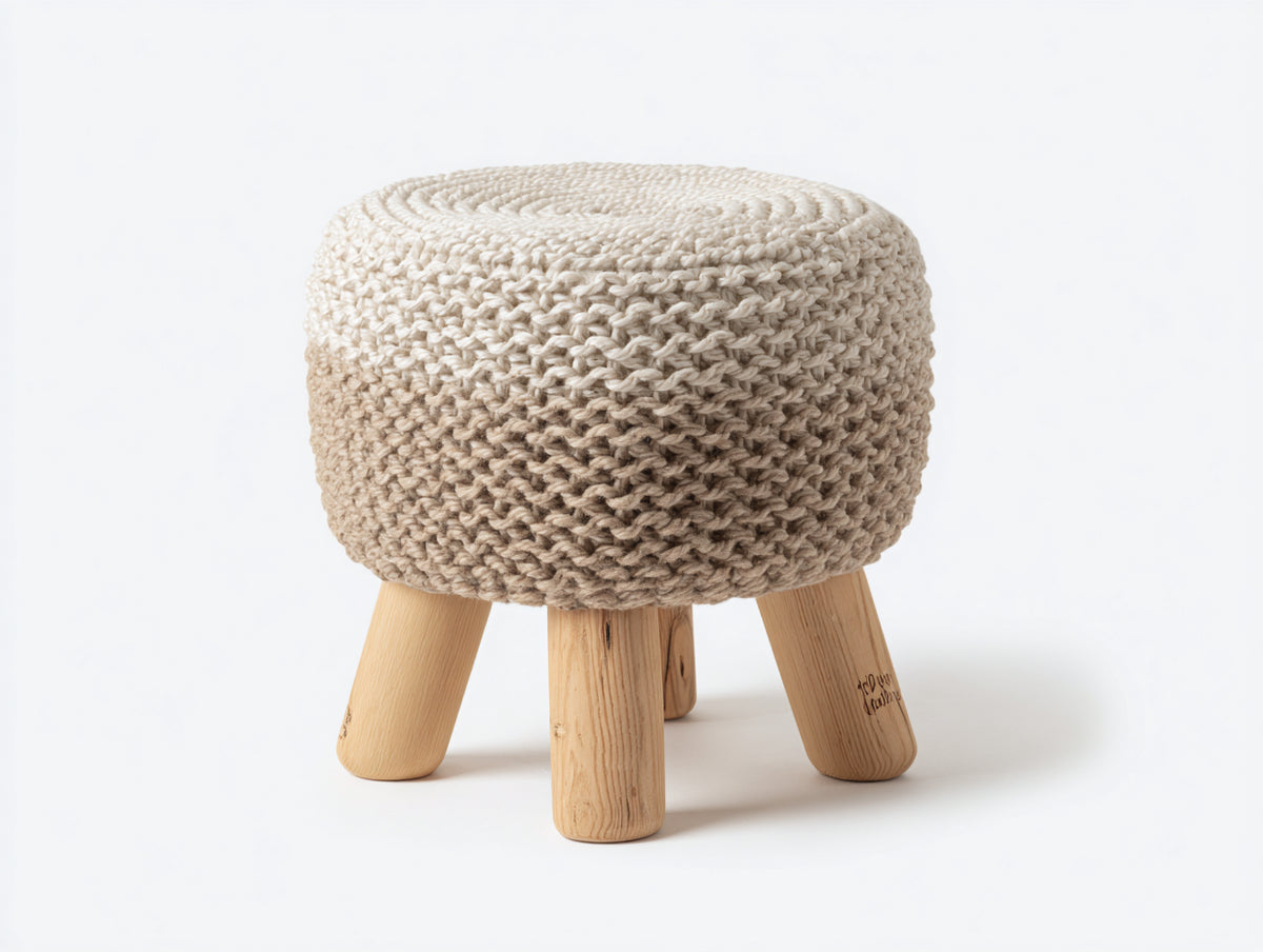 Tabouret rond en maille 44×44×43 cm - crème beige et bois naturel - tricot texturé avec quatre pieds pour chambre à coucher