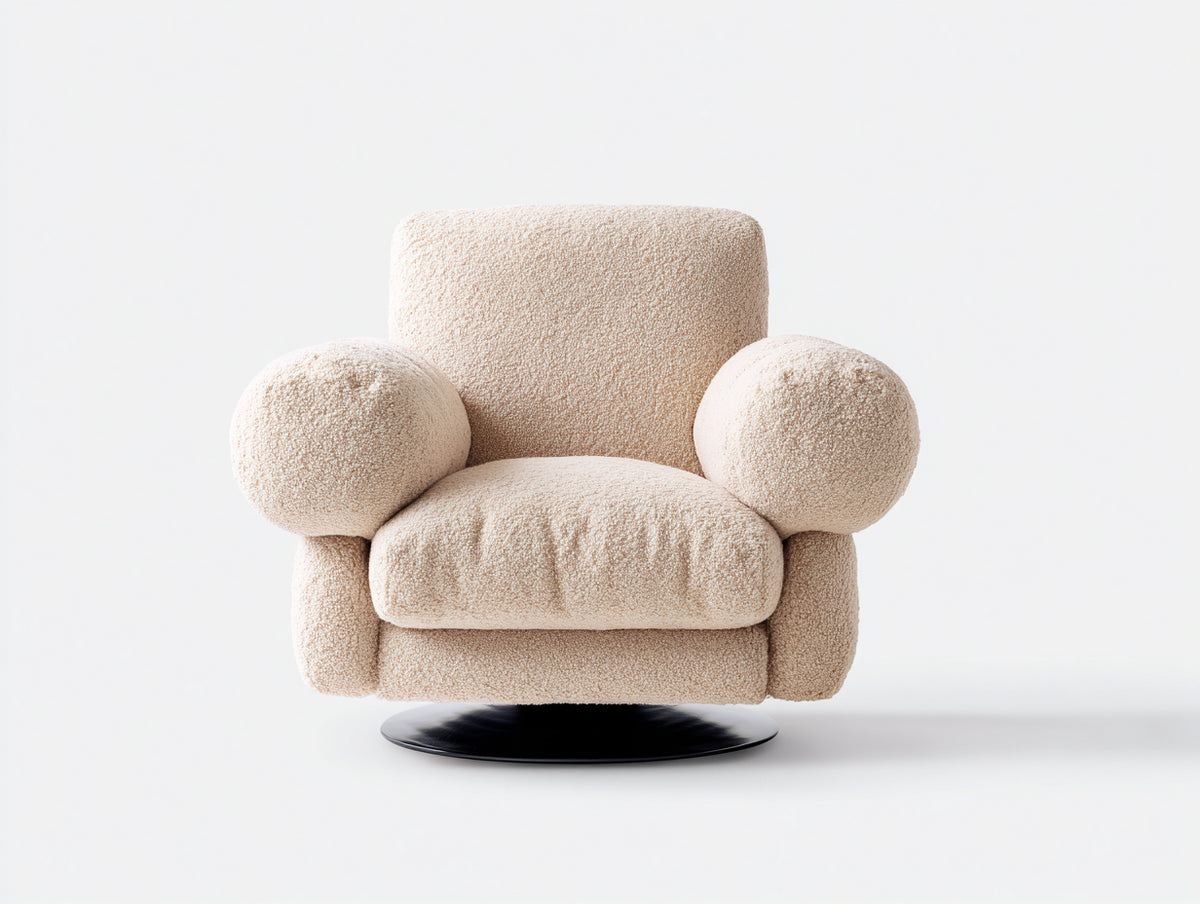 Fauteuil 94×90×86 cm - tissu bouclé beige et métal noir - accoudoirs ronds sur base pivotante pour salon