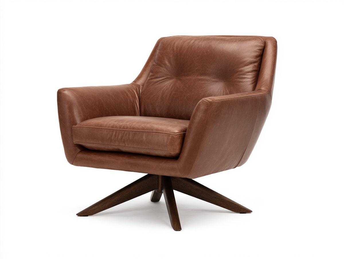 Fauteuil pivotant 90×88×92 cm - cuir brun caramel et bois brun foncé - dossier incliné pour salon