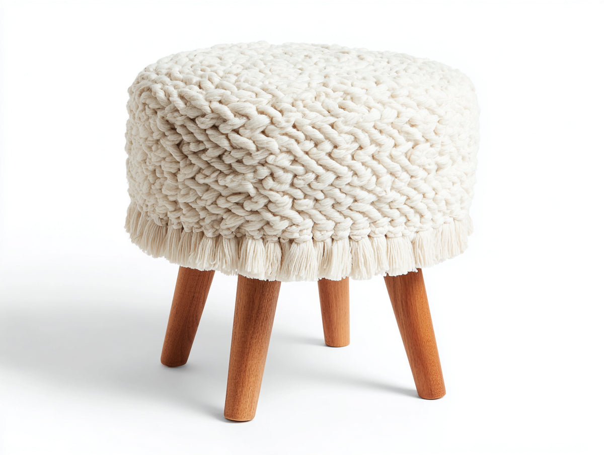 Tabouret 45×45×44 cm - textile tressé crème et pieds en bois naturel - finition frangée pour chambre à coucher