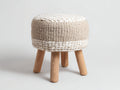 Tabouret rond tricoté 46×46×44 cm - beige crème et bois naturel - assise rembourrée à maille épaisse pour chambre à coucher