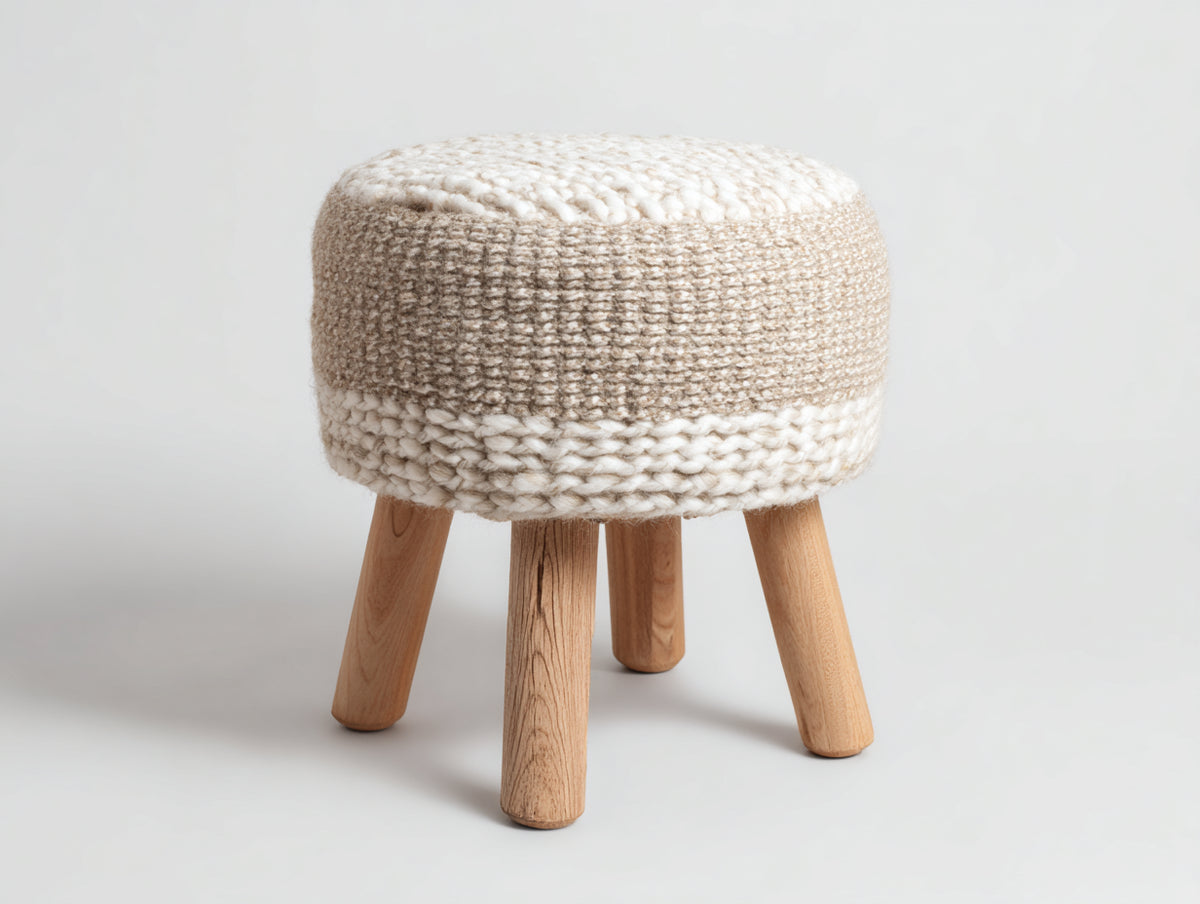 Tabouret rond tricoté 46×46×44 cm - beige crème et bois naturel - assise rembourrée à maille épaisse pour chambre à coucher