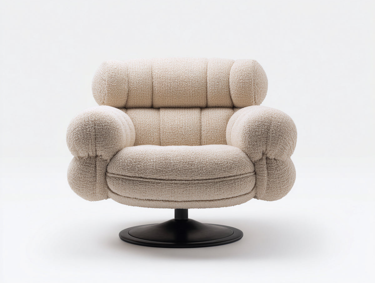 Fauteuil lounge 100×92×86 cm - tissu bouclé beige - dossier capitonné et base ronde noire pour salon