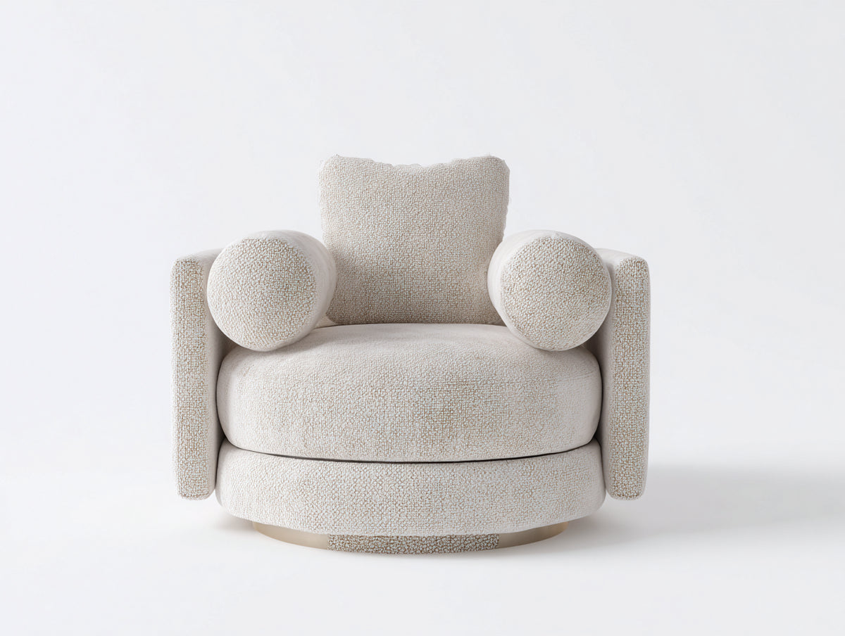 Fauteuil rembourré 95×90×82 cm - tissu bouclé beige clair - accoudoirs cylindriques et assise enveloppante pour salon