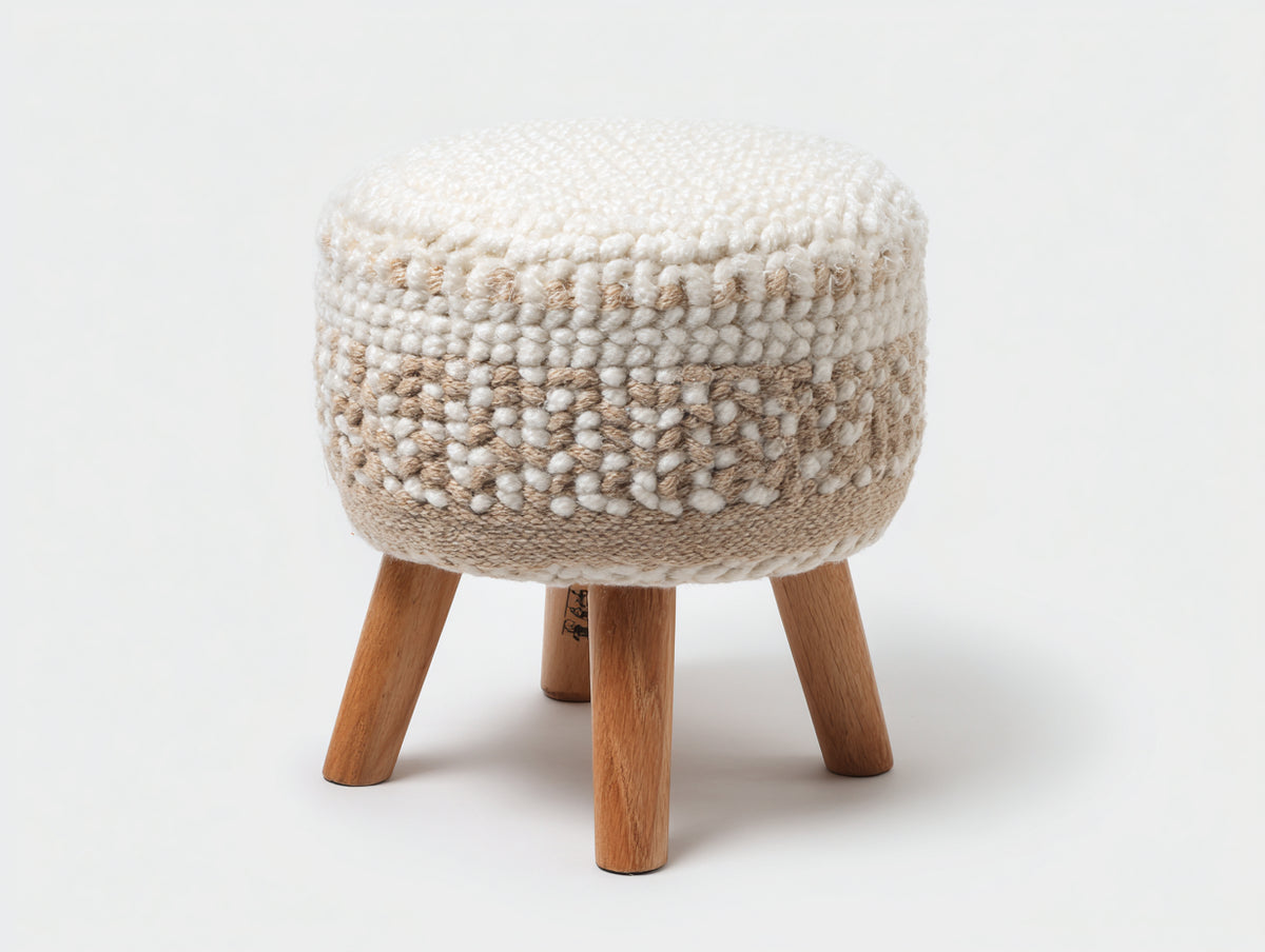 Tabouret rond 42×42×45 cm - textile tissé crème et pieds en bois naturel - assise compacte pour chambre à coucher